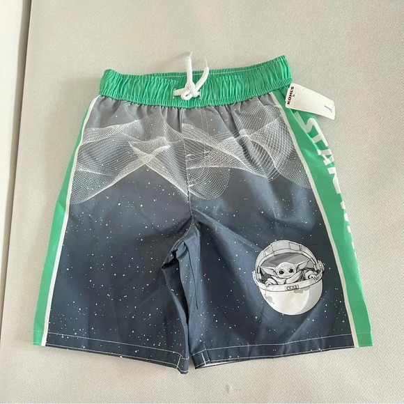 Star Wars Swim Trunk Shorts Gray Baby Yoda Print Size Medium 7/8 Bulit-In Brief - Picture 1 of 5